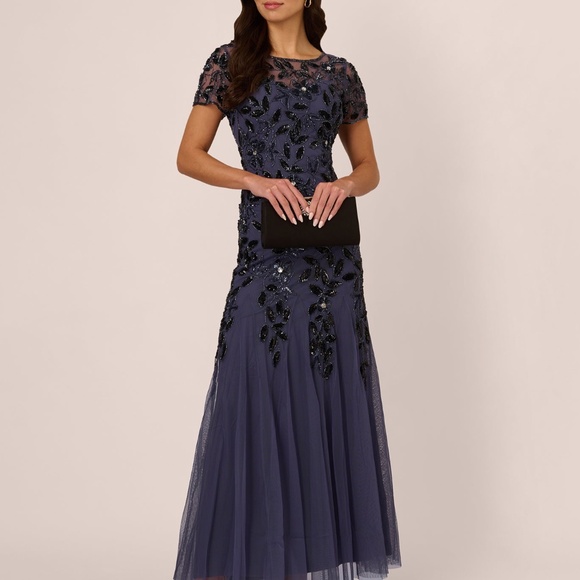 Adrianna Papell Hand Beaded Short Sleeve Floral Godet Gown In Smoky Peri Size 12 - Picture 1 of 3